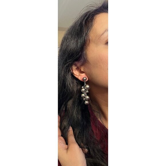 Big Silver earrings metal dangle balls beaded silver bold boho chunky pierced - Picture 3 of 5